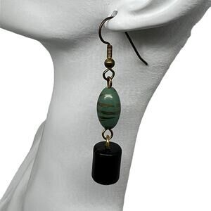 Boho Turquoise & Black Drop Earring Gold-Tone Striped Jade Bead Dangle